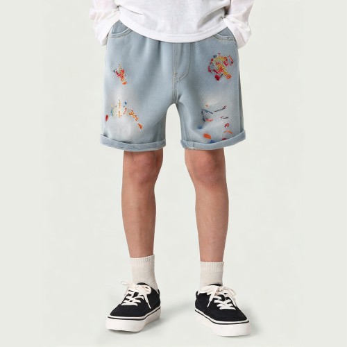 Summer new boys fashion embroidered casual denim s...