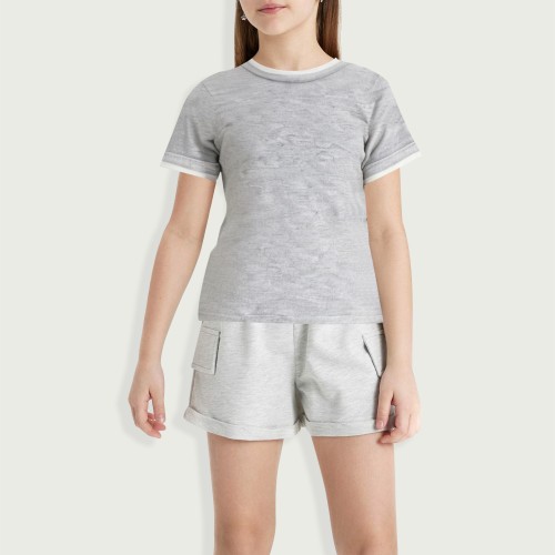 Double-layered round neck short-sleeved cropped T-...