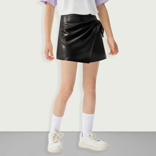 Girls PU Leather Wrap Knotted Pleated Side Culotte...