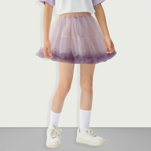 Girls' Comfortable Cotton Skirt with Tulle Plaid D...