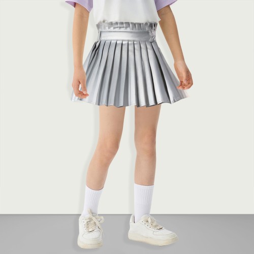 Girls Fashion Pleated Faux Leather Short Skirt
