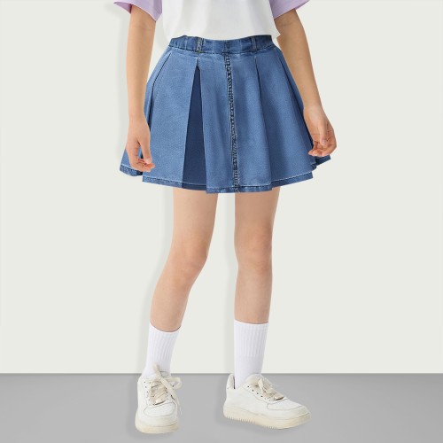 Girls Pleated Denim A-Line Elastic Waist Mini Flar...