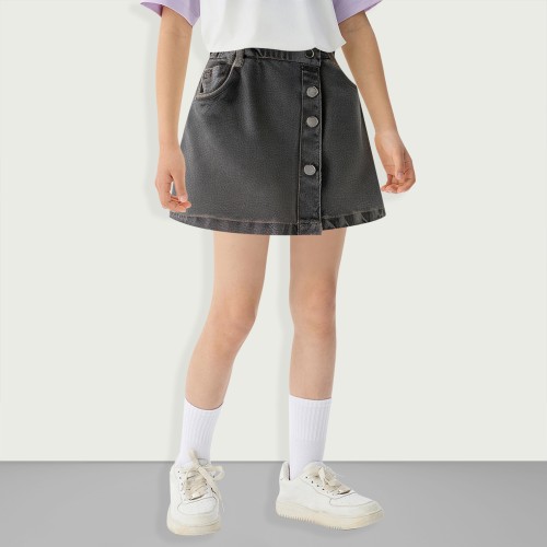 Girls High Waist Button Front Asymmetric Denim Min...