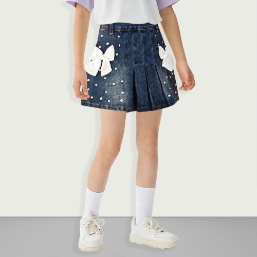 Cotton Pearl Embellished Bow Mini Denim Skirt