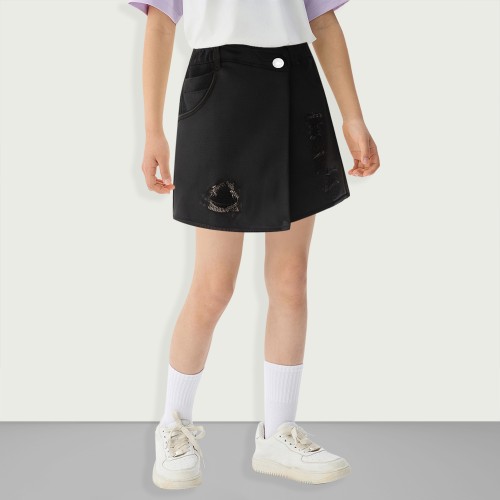 Girls Button Elastic Waist Denim Wrap Mini Skirt P...