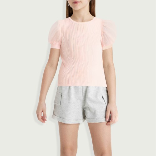 Girls Puff Sleeve Solid Color Mesh Lace Knitted Ri...