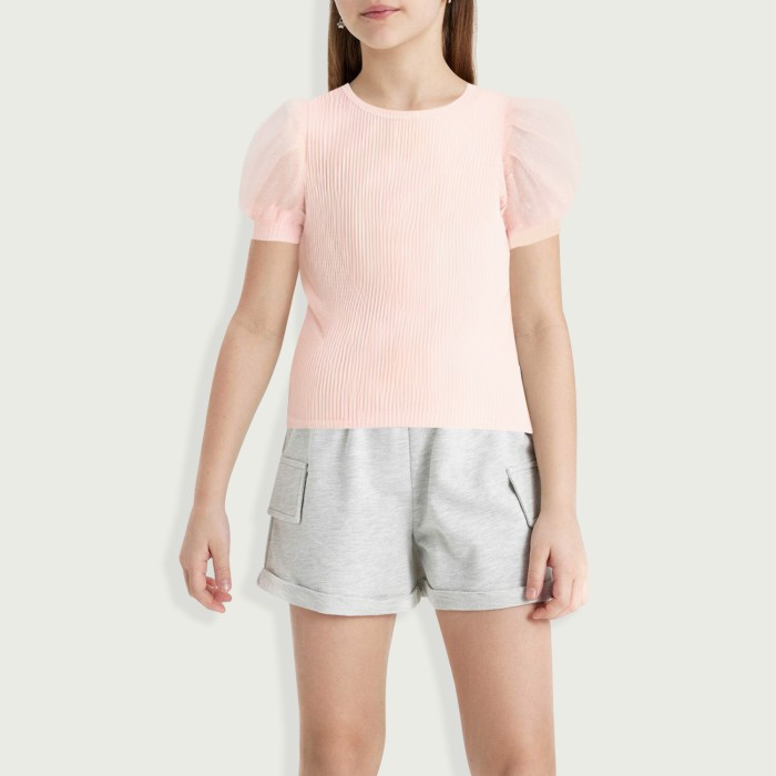 Girls Puff Sleeve Solid Color Mesh Lace Knitted Ribbed Formal Shirt