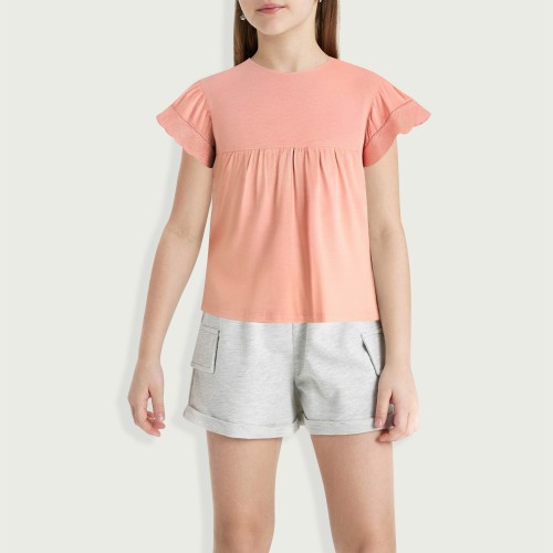 Girls Pink Short Sleeve Babydoll Eyelet Embroidery...