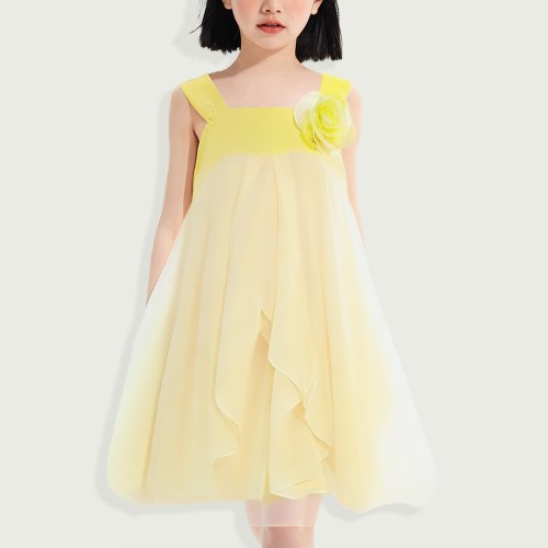 Girls Dress Sleeveless Backless Floral Multi-layer...