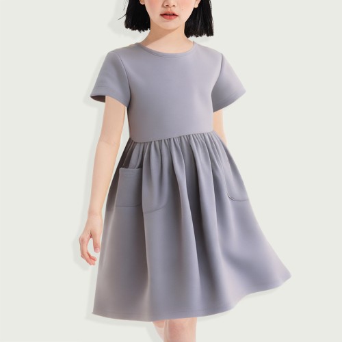 Short Sleeve Solid Color Casual A-Line Pleated Dre...